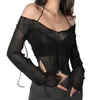 Damesblouses Sexy Dames Halter Backless Shirt Blouse Mesh Perspectief Bandjes Lange mouw Blusas Street chic Dames Off-shoulder Onregelmatig