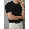 M-3XL de punto Premium para hombre, camiseta informal coreana, ropa de calle caqui de manga corta, camisetas ajustadas de Color sólido con cuello redondo, verano