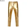 Men's Pants 2024 Mens PU Faux Motorcycle Straight Leg Trousers Shiny Silver Coated Metallic Men Nightclub Stage Costume