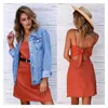 Casual Dresses Summer Polyester Women's Dress Slash Neck Sleeveless Pullover Halter Orange Green Solid Lace-Up Fashion Office Lady