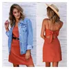 Robes décontractées Été Polyester Robe Femme Slash Cou Sans Manches Pull Halter Orange Vert Solide À Lacets Mode Bureau Dame