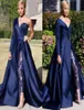 One Shoulder Evening Dresses Byxa passar en linje Royal Navy High Split Long Sleeve Formal Party Gowns Jumpsuit Prom Dresses8157196