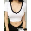 T-shirt da donna T-shirt Moda estiva Solido scollo a V Donna Manica corta Y Crop Top Donna Casual T-shirt Top Donna Nero Bianco T-shirt Otrzj