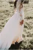 2023 Bohemian Country Wedding Dresses With Sheer Long Sleeves Bateau Neck A Line Lace Applique Chiffon Boho Bridal Gowns Cheap