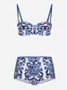 Costume da bagno moda bikini blu stampato e copricostume con gonna attillata fasciatura da donna Summer Beach Luxury Elegante 240227