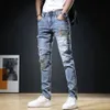 Homens elegantes calças jeans rasgadas magro em linha reta desgastado denim roupas masculinas moda calças magras roupas pantalones hombre 240321