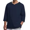 T-shirts d'été à manches longues pour hommes, chemise en coton et lin, décontractée, solide, respirant, ample, 2024