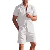 남성용 트랙복 남성 면화 단단한 셔츠 반바지 바지 슈트 셔츠 주머니와 여름 해변 순수한 색상 세트 버튼 2p