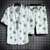 Fatos masculinos com estampa tropical camisa shorts conjunto folhas havaianas com cordão elástico cintura verão