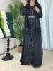 Ethnic Clothing Women Eid Muslim Abaya 3 Piece Set With Scarf Lantern Sleeve Gorgeous Party Dress Pearls Belt Long Robe Abayas Kaftan