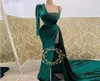 Emerald Green Long Prom Dresses One Shoulder High Slit Beading Evening Gowns Sexy Velvet Womens Birthday Robe De Soiree8595687