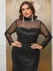 Partykleider Plus Size Damen Pailletten Spitze Spleißen Schwarz Elegante Abendkleider Langarm Große Mode Dame Bankettkleid 240320