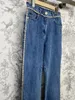Женские джинсы 2024, ранняя весна, синий пояс с вышивкой и цепочкой, джинсовые широкие брюки, потертые