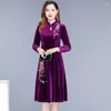Casual Dresses Velvet Dress Midi Elegant Floral Embroidered A-line Warm Stylish For Prom Or Evening Parties