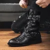 boots STRONGSHEN Men Fashion Leather Motorcycle Boots Midcalf Warm Boots Black Gothic Belt Rivet Punk Rock Boots Tactical Army Boot