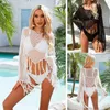 2023 Summer New Amazon Cross border Tassel Irregular Bikini Beach Shirt Hollow Knitted Sun Protection Cover