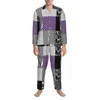 Heren nachtkleding Patchwork Print Pyjama Set Herfst Paars en Zwart Kawaii Kamer Dame 2-delig Informeel Oversize Bedrukt Thuispak Cadeau