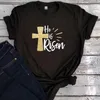 Women's T Shirts Christian Graphic Tees Women Harajuku Couple Clothes PrintHe Is Risen Tshirt Easter 2024 Cross Tee XL M