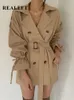 Realeft Autumn Winter Khaki Minumalist Womens Trench Coat Sashes Windbreakerルーズフレアスリーブダブル胸240309