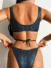 Kvinnors badkläder glänsande svart orm hudtryck bikinis set kvinnor skär ut push up criss cross kjol baddräkt backless baddräkt 3 styck