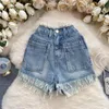 Kvinnors shorts söta jean korta fickor Stringy selvedge hög midja byte koreansk stil solid färg vintage streetwear sommar dropship