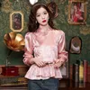 Blouses voor dames Chinese stijl roze bloemen ruche voor lente vintage pan knop elegant shirt dames mode lange mouwen tops