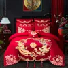 Bedding Set Luxury Loong Phoenix Embroidery Red Cotton Duvet Cover Bed Sheet Pillowcases Chinese Wedding Bed cover Home Textile 240313