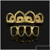 Grillz Dental Grills Grillz Dental Grills 18K Altın Hip Hop FL Elmas İçi Boş Dişler Buzlu Dış Diş Dişleri Diş Kapağı Vampir Cosplay Rap DHXWX