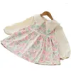 Mädchenkleider Frühling und Herbst 2024 Baby Mädchen Kleid Floral Cord Spitzkragen Perle Western-Stil