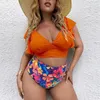 Costumi da bagno da donna Plus Size Maniche con volant Bikini a vita alta Scollo a V Push Up Costume da bagno grande 2024 Mujer Big Tummy Control