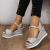 Dress Shoes Women's On Sale 2024 High Quality Ankle Strap Sandals Summer Pearl Wedge Beach Female Platform