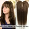 Toppers 10/12/14in Dark Brown Human Hair Toppers med Bang 100% Remy Human Hair Piece For Women Thining Hair Silk Base Clip in Topper