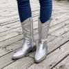 Stövlar heta försäljning kvinnor stövlar silver midcalf stövlar kvinna sida blixtlås sexig spetsiga western cowboy stövlar retro mode vita stövlar