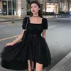 Casual Dresses Harajuku Black Tulle Puff Sleeves Dress Woman French Slim Fit Square Collar Asymmetrical Female Summer Party Belt