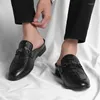 Sapatos casuais de couro genuíno preto metade para homens sapato mules moda designer de luxo marca mocassim baotou toe