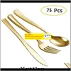 Sets Keuken Eetkamer Bar Huis Tuin Drop Levering 2021 75 Stuks Wegwerp Gouden Bestek Plastic Bruiloft Servies Brons Gouden Diner ZZ