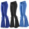 Women's Jeans Vintage Denim Women High Waist Stretch Flare Pants Trousers For Lace Up Bow Long Wide Leg