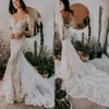 Boho Long Sleeves Mermaid Wedding Dresses Elegant Sheer Scoop Neck Lace Applique Sweep Train Beach Garden Plus Size vestido Backless Bridal Gown de BC12016 0321