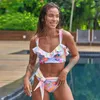 Roupa de banho feminina com decote em v floral impressão biquinis sexy maiô mulher 2024 biquini brasileiro plissado fatos de banho alta perna bodysuit monokini