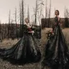 2022 Gothic Black Vintage Wedding Dresses A Line V Neck Lace Appliques Tulle Illusion Backless Sweep Train Plus Size Formal Bridal Gowns PRO232