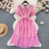 French Fashion High-end Doll Neck Short Sleeved Lace Hook Flower Dress for Women Slim Waist A-line Skirt