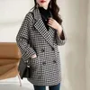Woolen Coat Vintage Houndstooth Blazer Women Fall Fashion Korean Slim Plaid Suit Loose Luxury Design Double Breasted Jacket 240321