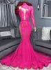 Fuchsia Sequined Lace Mermaid Prom Dresses 2024 Black Girls Elegant Long Sleeves Appliques Birthday Dress Evening Cocktail Gowns