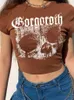 Kadın Tişörtleri Vintage Kısa Kollu T-Shirt 90'lar Gotik Harajuku Baskı Desen Kesintisi İskelet Kafatası Punk Sokak Giyim Estetik Kadın