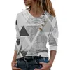 Damen-T-Shirts, 3D-geometrischer Druck für Frauen, 2024 Frühlings-Herbst-Mode-Knopf-Langarm-Shirt, lässiges T-Shirt, Tops, Büro-Damen