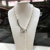 Zincirler El Düğümlü 8-9mm Doğal Beyaz Tatlı Su İnci Kolye Mikro Kakma Zirkon Aksesuarları Uzun Süvari Zinciri 80cm Moda Jewelr