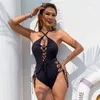 Kvinnors badkläder M-xxxl Kvinnor frech chic baddräkt en bit svart bandage bikini baddräkt strand kläder bodysuit biquini