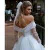 A Simple White Tulle Line Wedding Dresses With Detachable Wrap Off The Shoulder Long Sleeves Pleats Sweetheart Boho Bridal Gowns Sweeart