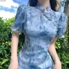 Roupas étnicas 2024 verão francês manga curta moderno vestido chinês melhoria cheongsam menina azul impressão moda vestidos qipao