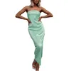 Casual Dresses Women s Shine Surface Strapless Dress Solid Color Pleated Sleeveless Off Axla Slim Fit Ankle Length Party Gown